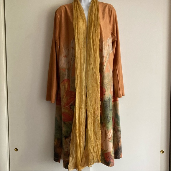 Soft Surroundings Orofino Faux Suede Open Front Watercolor Duster Jacket, Sz L - Picture 2 of 16